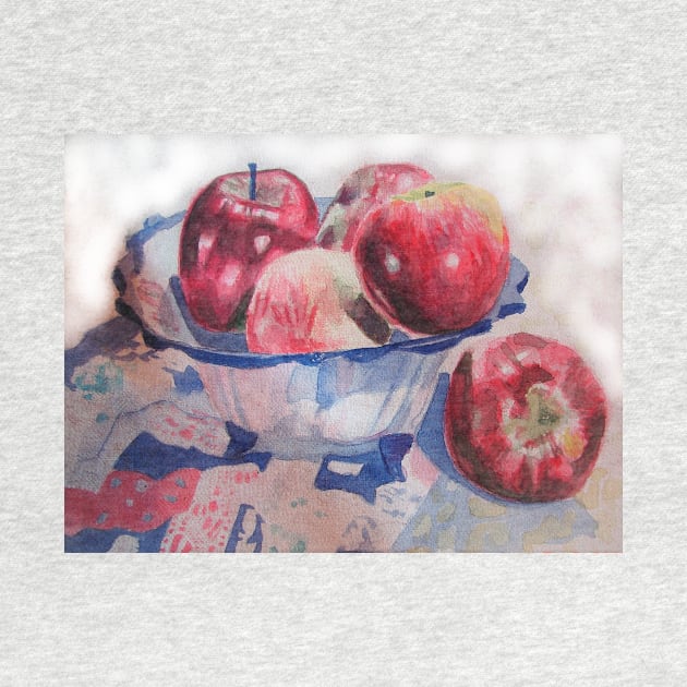 Red Apples in a Bowl on a Quilt Fruit Food Watercolor Painting Apple by SarahRajkotwala